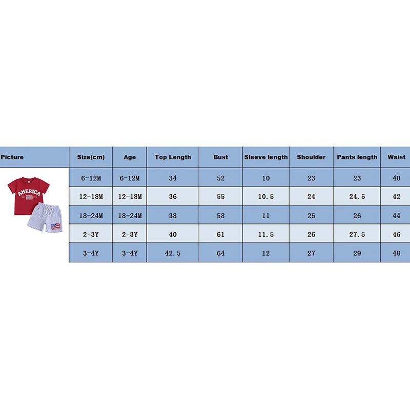 0-4Y Kids Boys American Flag Clothes Sets Letter Embroidery Short Sleeve T-Shirt with Stripe Shorts
