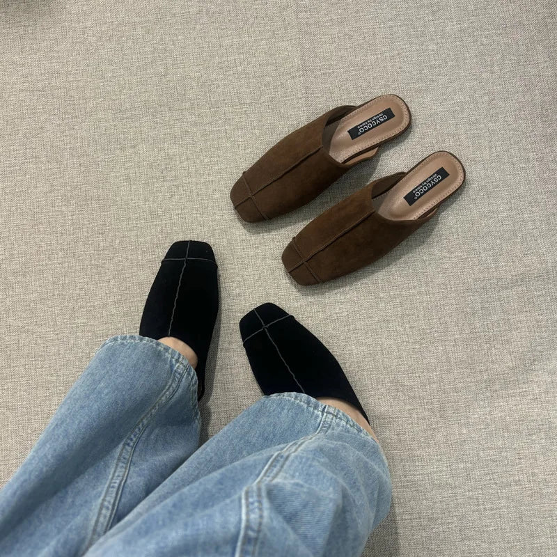 Women's Suede Square Toe Flat Slippers
