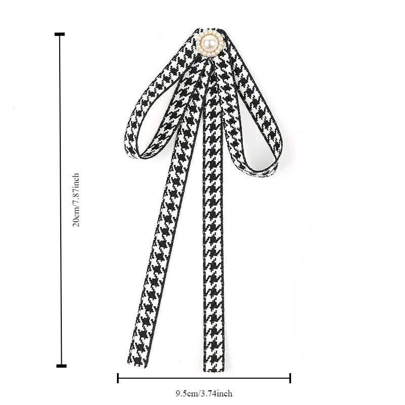 Houndstooth Ribbon Bow Brooch with Pearl