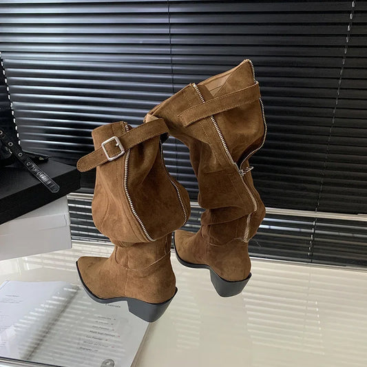 Faux Suede Thick Heel Western Knee-High Boots | Pointed Toe & Back Zip