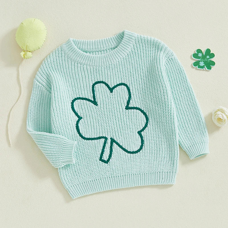 0-4Y  Kids Boys Girls Spring Sweater Clover Embroidery  Long Sleeve Crew Neck Pullover Knitwear