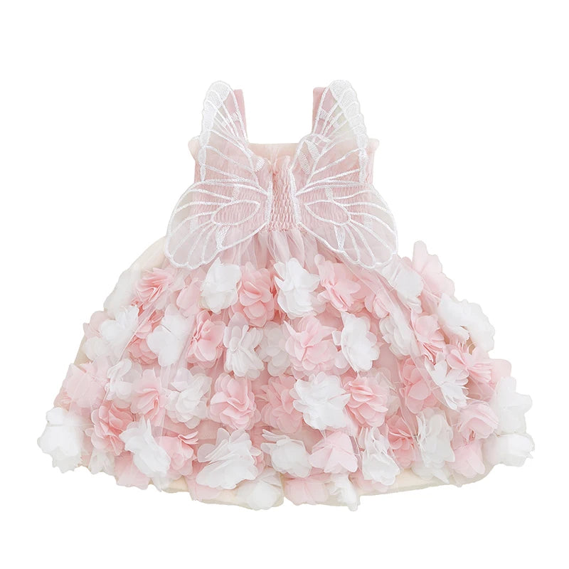 0-4Y Kids Girls Sleeveless Strap 3D Roses Lace Tulle Layered Dress with Wings