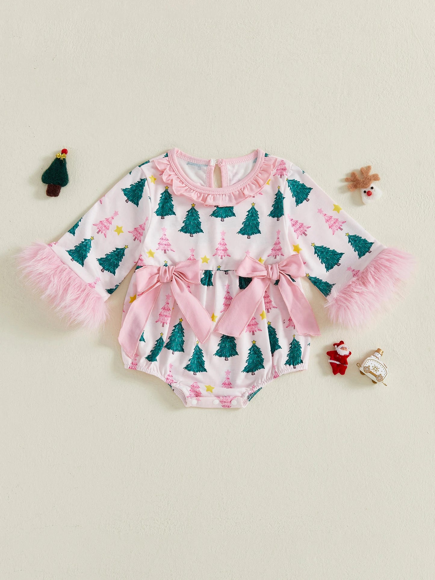 Baby Girls' Christmas Tree Print Romper - Festive Long Sleeve Jumpsuit