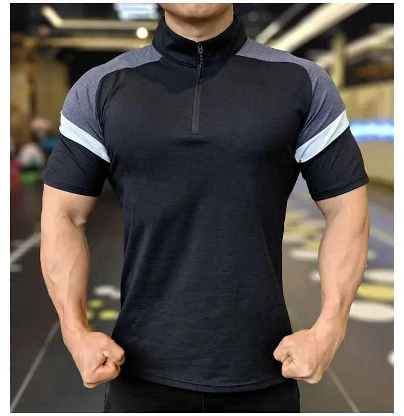 Men's Fitness Running Half Zip Training High Elasticity Muscle T-Shirt