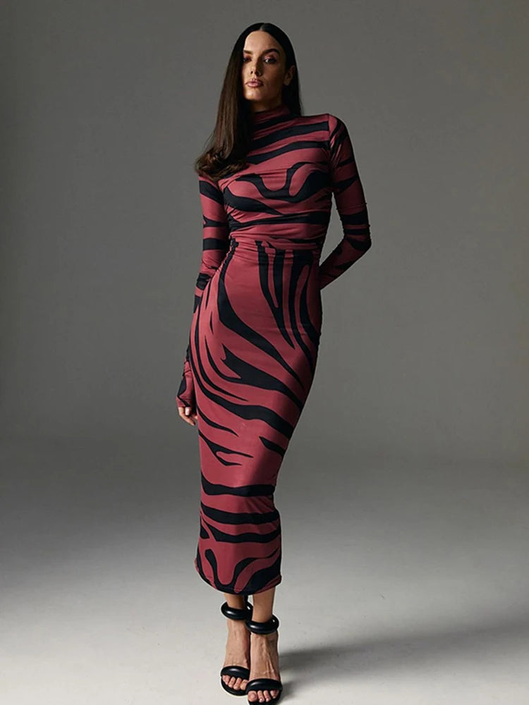 Women's Leopard Print Maxi Long Sleeve Gown Dress