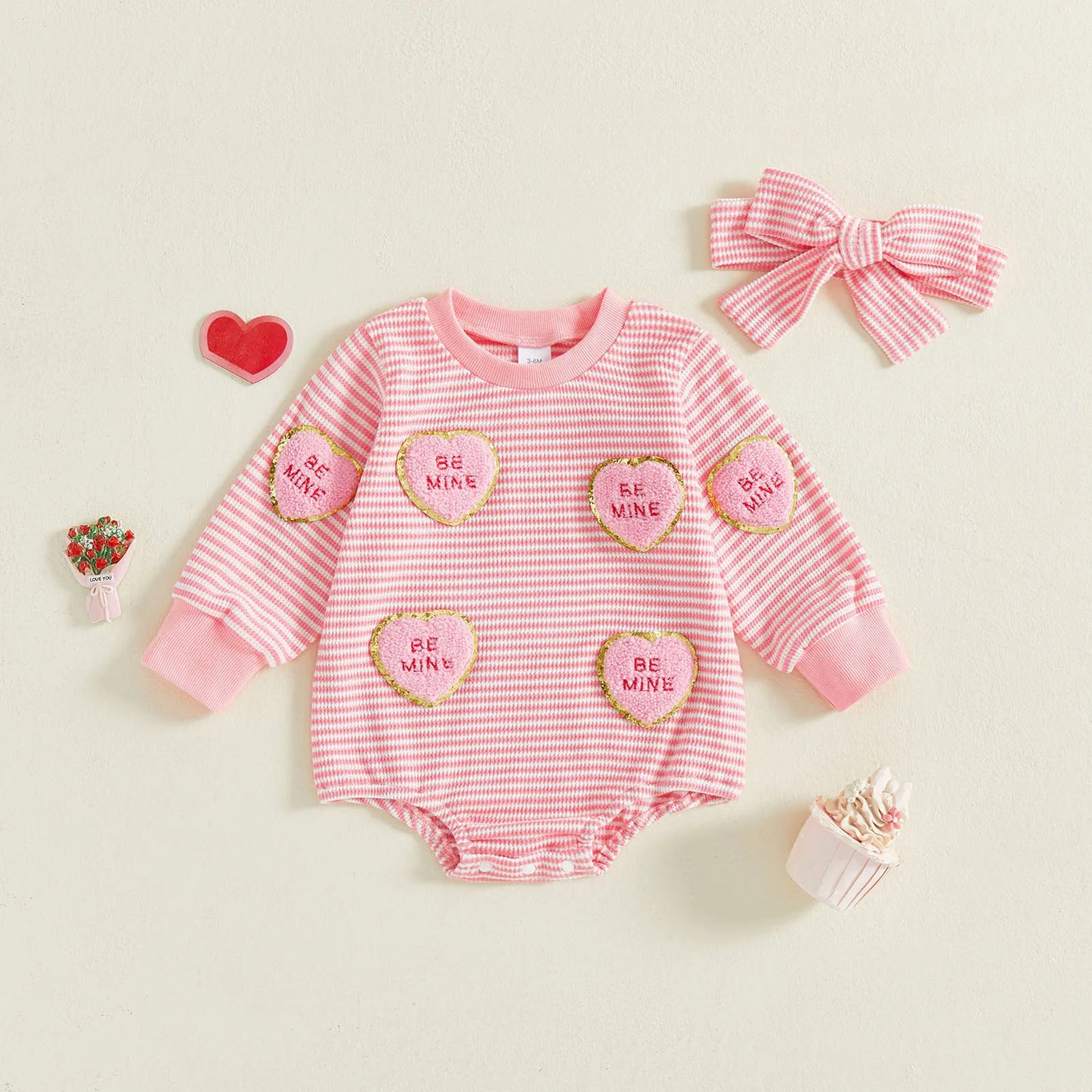 Baby Valentine's Day Romper Set - Striped Heart Embroidery with Headband
