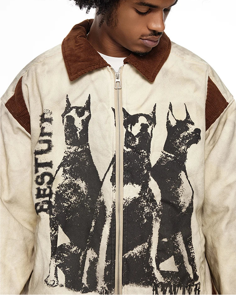 Men's Dog Head Graffiti Print Lapel Jacket Distressed Winter Jacket