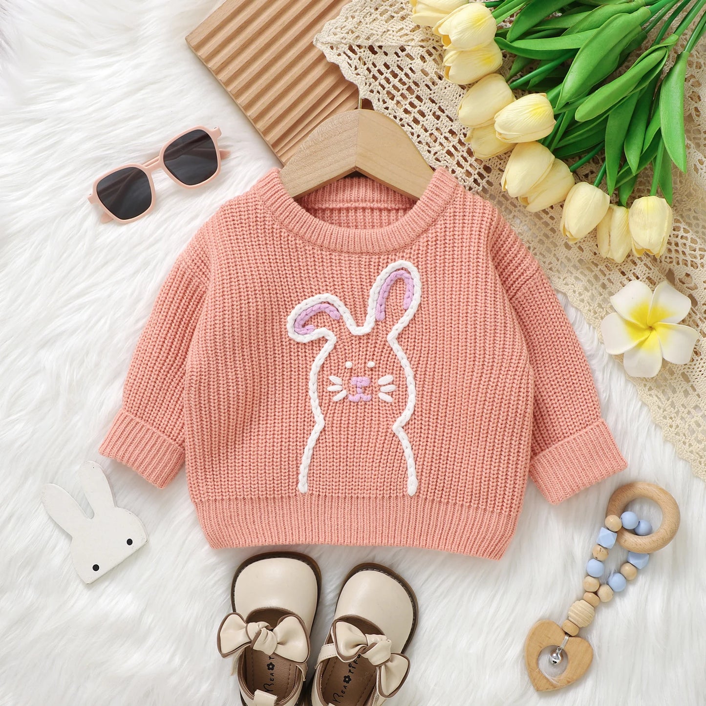 0-3Y Baby Girls Easter Sweater Rabbit Embroidery Long Sleeve Crew Neck Knitwear Pullover Outwear