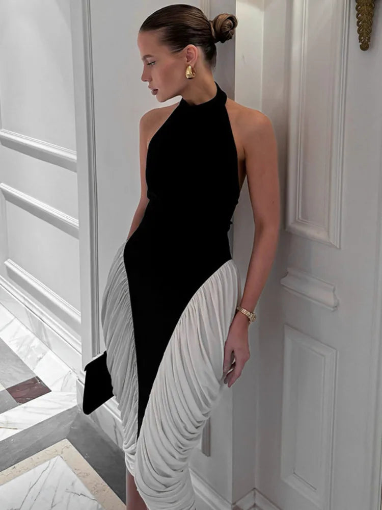 Women's Patchwork Halter Backless Midi  Contrast Color Sleeveless Pleated Long Dress