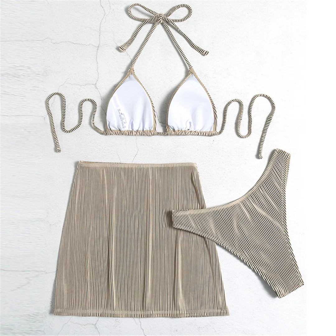 4 Colours With Skirt Ribbed Three-pieces Halter Bikini Set