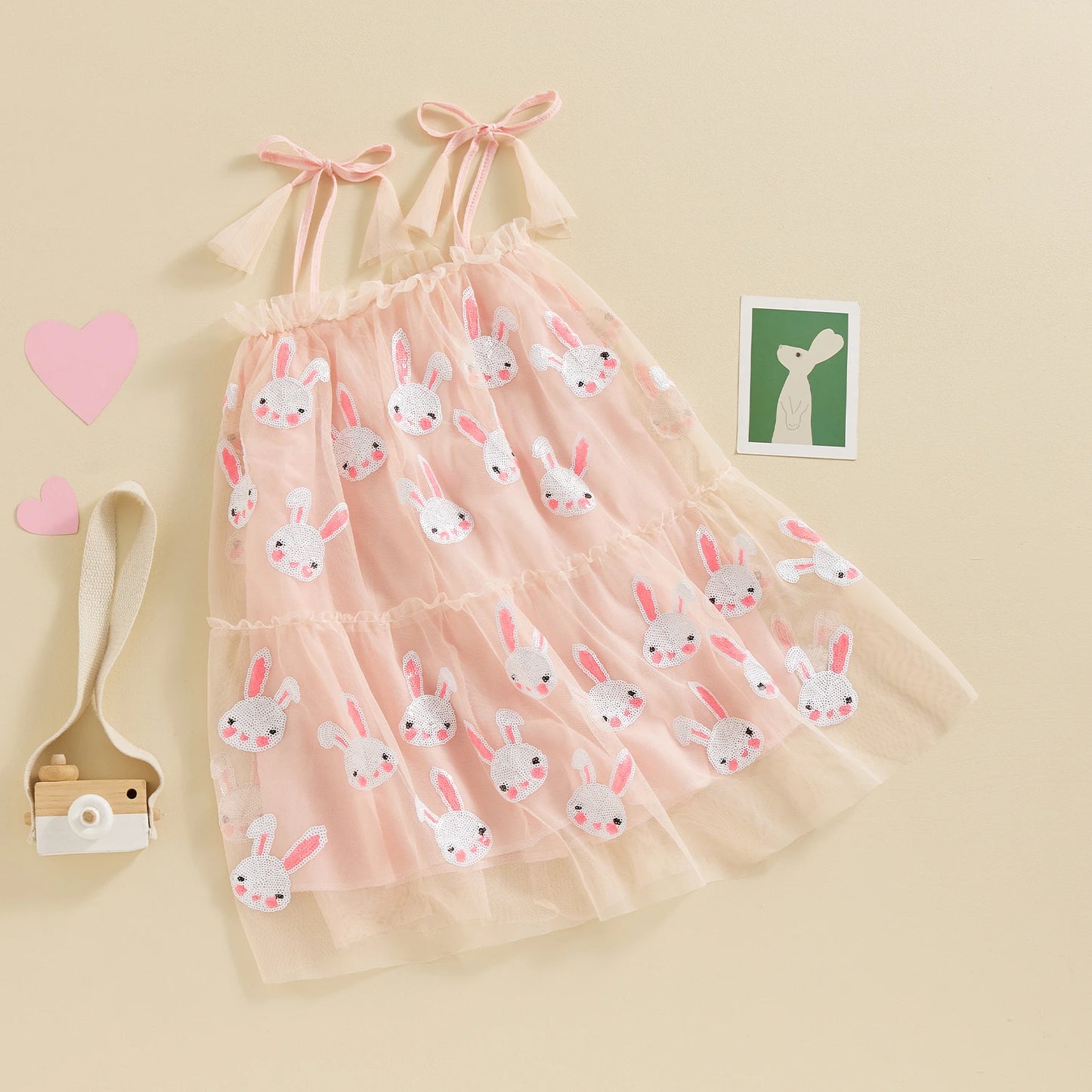 0-7Y Baby Girls Easter Sleeveless Dress/Romper Tie-Up Spaghetti Strap Sequin Rabbit Pattern Tulle A-Line Dress