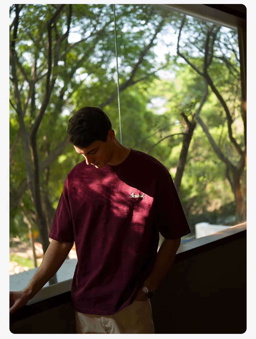Heavyweight 300gsm Slub Cotton Oversized T-Shirt with Letter Embroidery