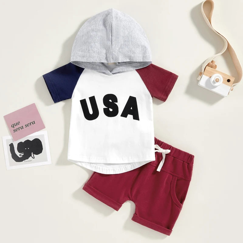 Baby Boy USA Letter Print Colour Patchwork Short Sleeve Hooded T Shirts Shorts 2pcs Set  0-3Y