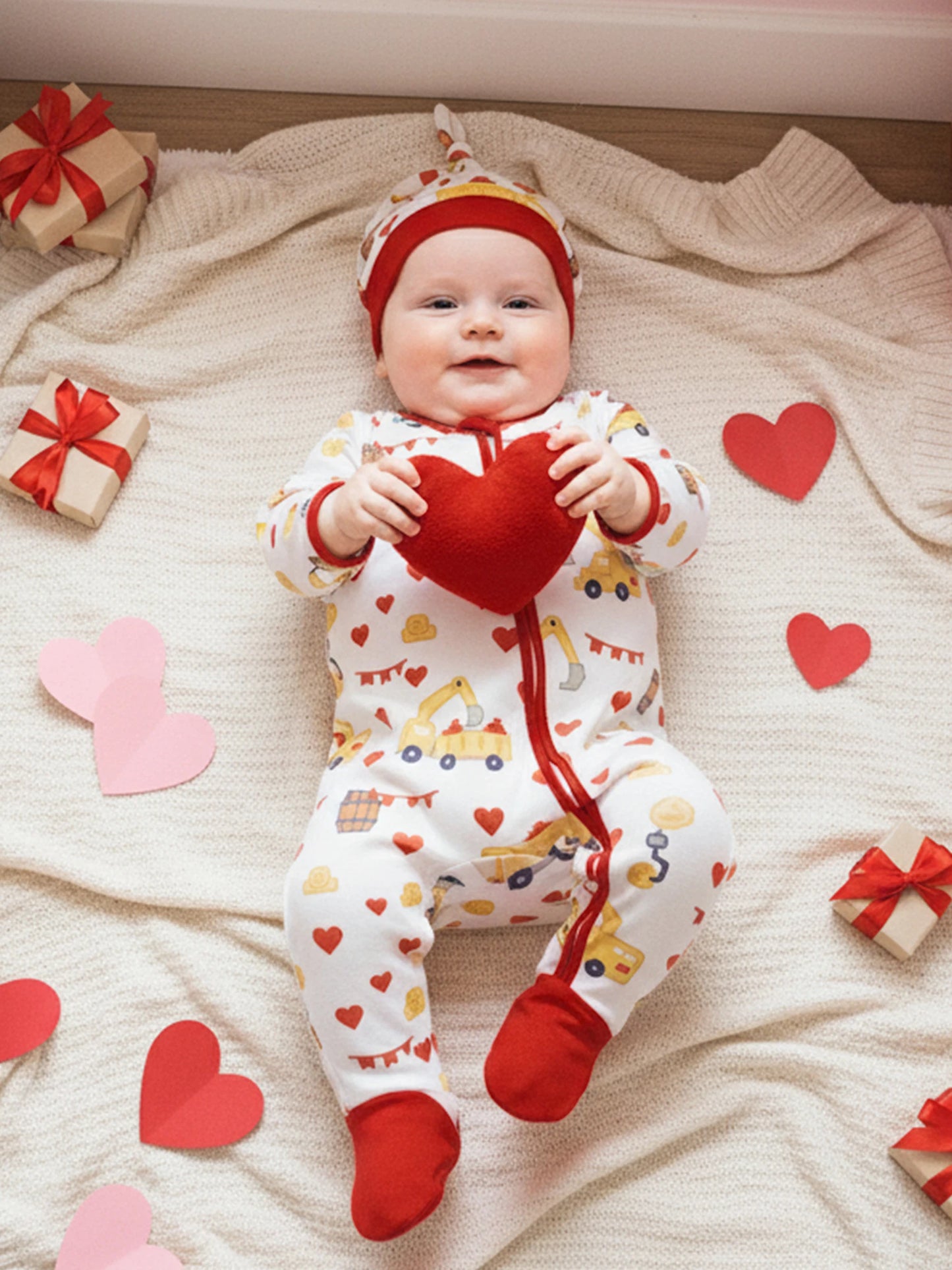 Baby Boys Girls Valentine's Day Romper Set - Excavator Heart Print Jumpsuit with Hat 0-18M