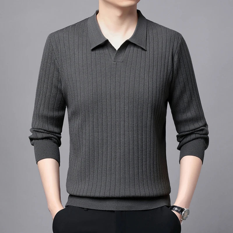 Smart Casual Sweater Turn Down Collar Knitted Pullover for Men