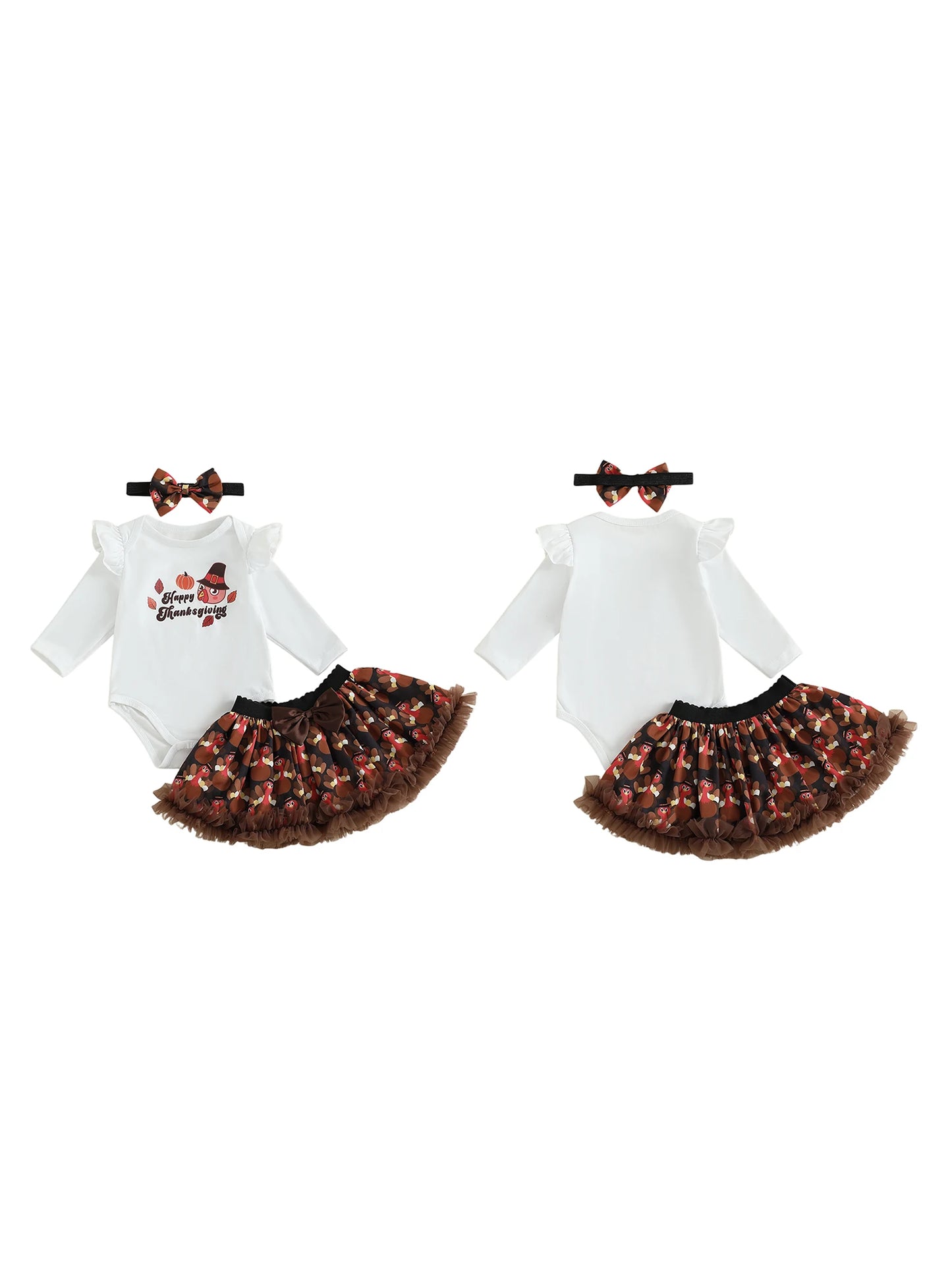 Baby Girls Thanksgiving Outfit Set - 3-Piece Long Sleeve Romper, Mini Skirt & Headband