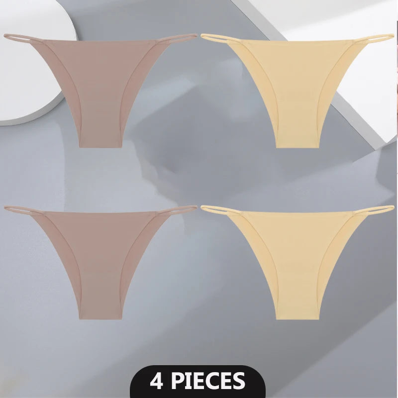 Women's 4Pcs/set Seamless Underwear Ice Silk Briefs Panties Thin Strap Lingerie