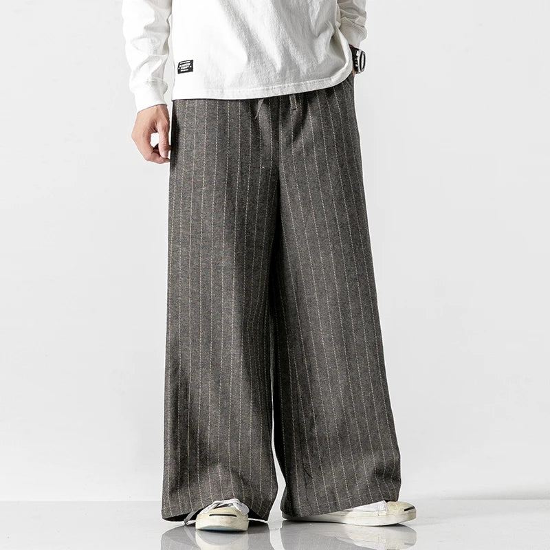 Men's Cotton Linen Wide Leg Pants Stripe Loose Harem Vintage Straight Casual Trousers