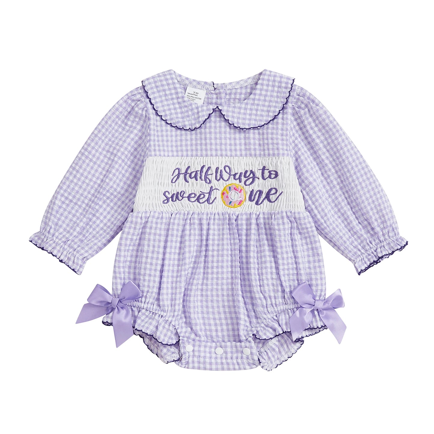 Newborn Baby Girls' Plaid Bubble Romper - Letter Embroidery Doll Collar Smocked Jumpsuit