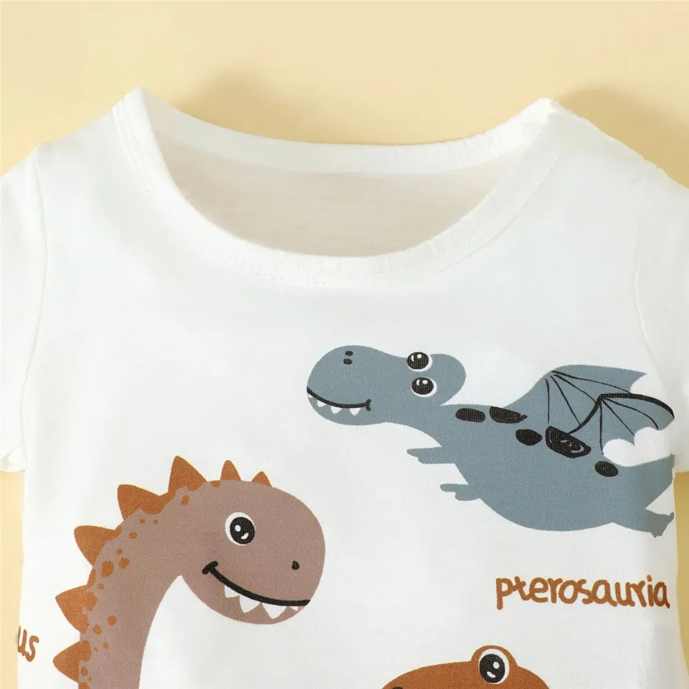 0-3 Years Boy's 2PCS Set Cartoon Dinosaur Print White Short Sleeve Top and Brown Shorts Outfit