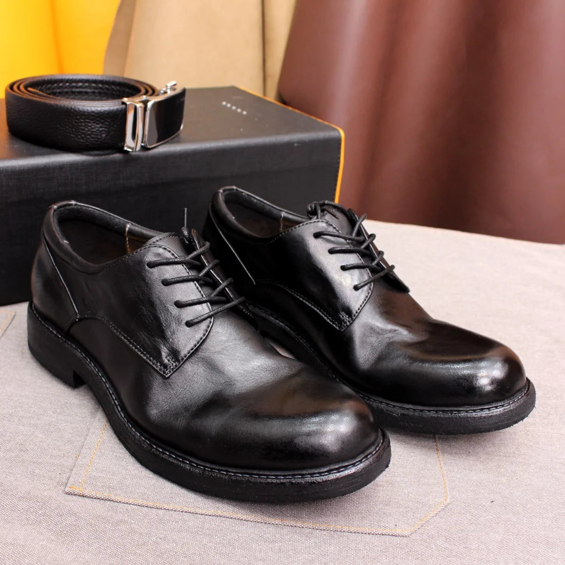 Men's Handmade Goodyear Sewn Comfortable Derby Formal Soft Leather Genuine Leather Round Toe Non-slip Casual Shoes