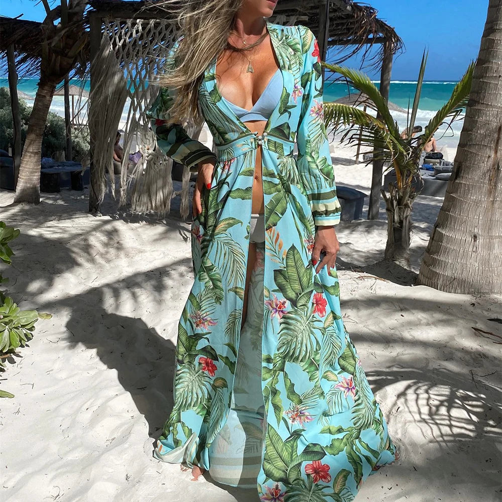 Women's Halter Printed Swimwear Loose Dress Backless Bikini Cover Up