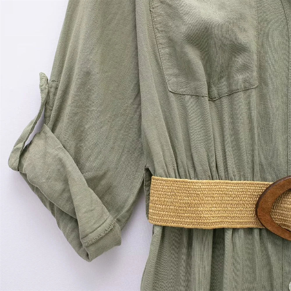 Women's Temperament Yellow Linen Belt Shirt Dress