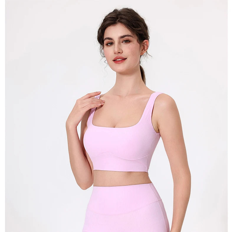 Women's High Impact Fitness Yoga Bra Soft Sports Underwear Square Neckline Gym Crop Top Breathable Workout Top