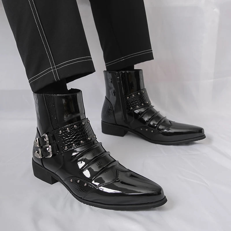 Men's Pointed Toe Motorcycle Boots - Patent Leather Metal Rivet Party Shoes