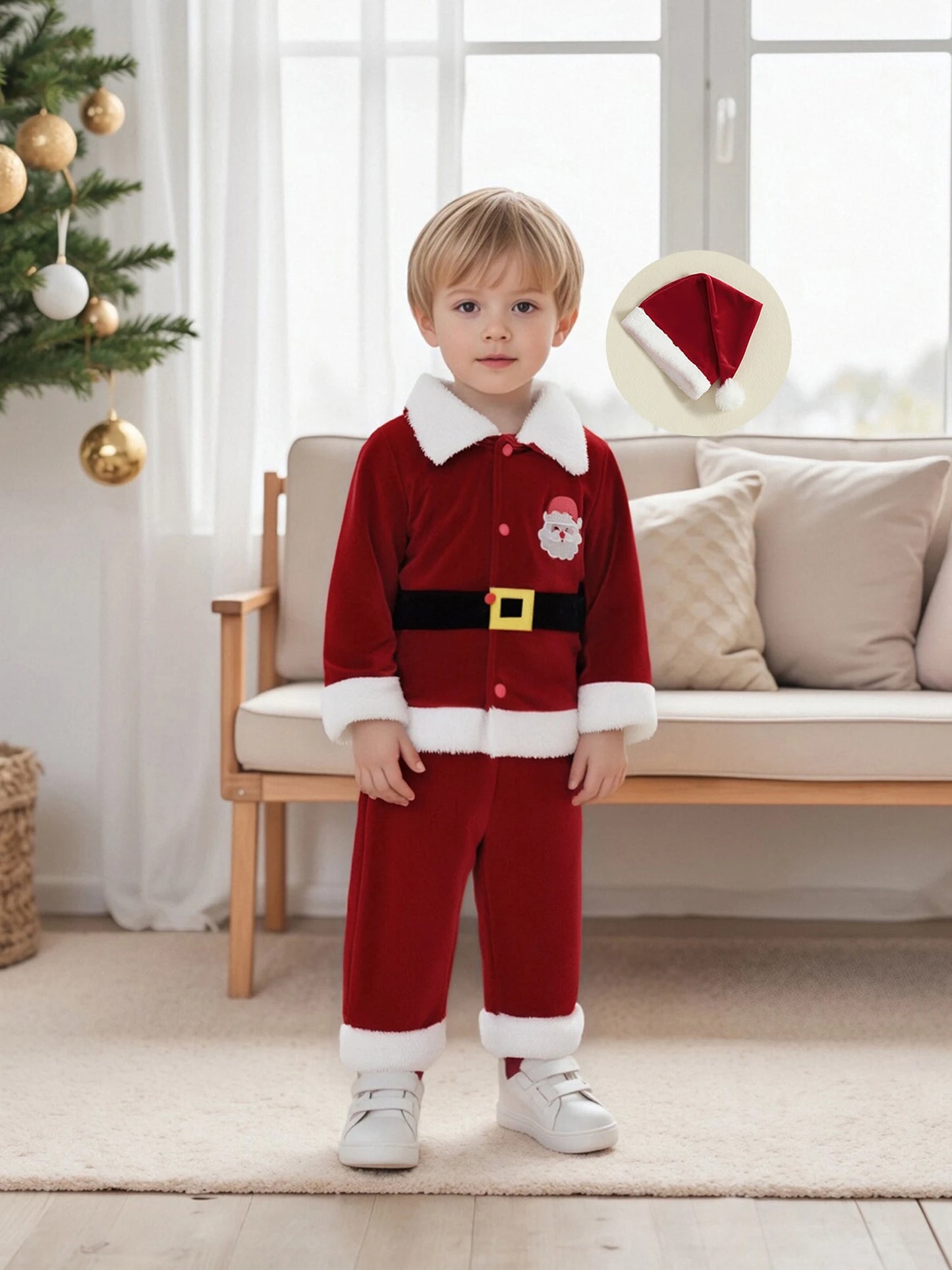 Christmas Santa Costume Set - Kids Lapel Button Down Top & Pants Outfit