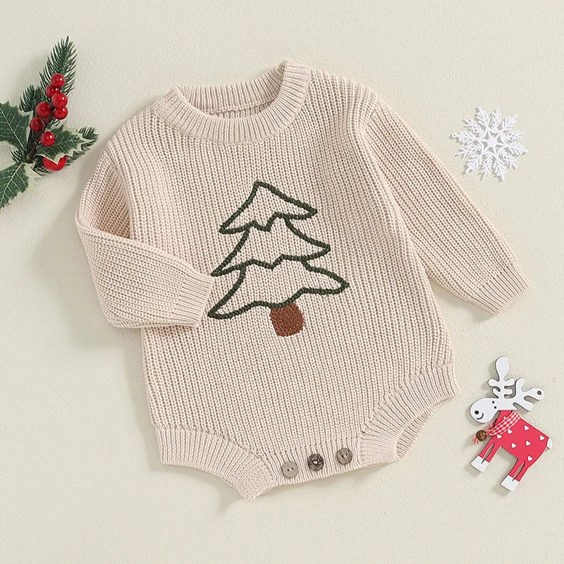 0-18M Baby Boys Girls Christmas Knit Romper Sweater Letter Embroidery Long Sleeve Crew Neck Bubble Jumpsuit