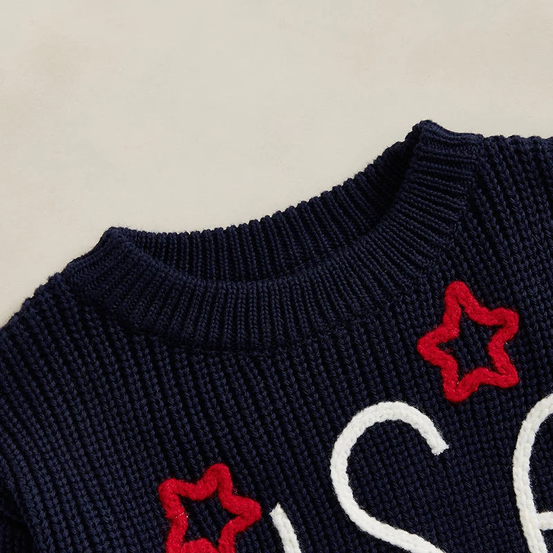 0-5Y USA Kids Boys Girls Sweater Letter Star Embroidery Long Sleeve Crew Neck Knitted Pullover Tops