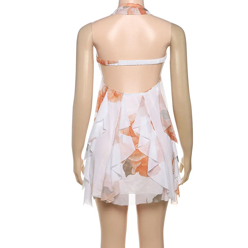 Women's Summer Halter Floral Mesh Mini Dress - Strapless Backless Holiday Dress