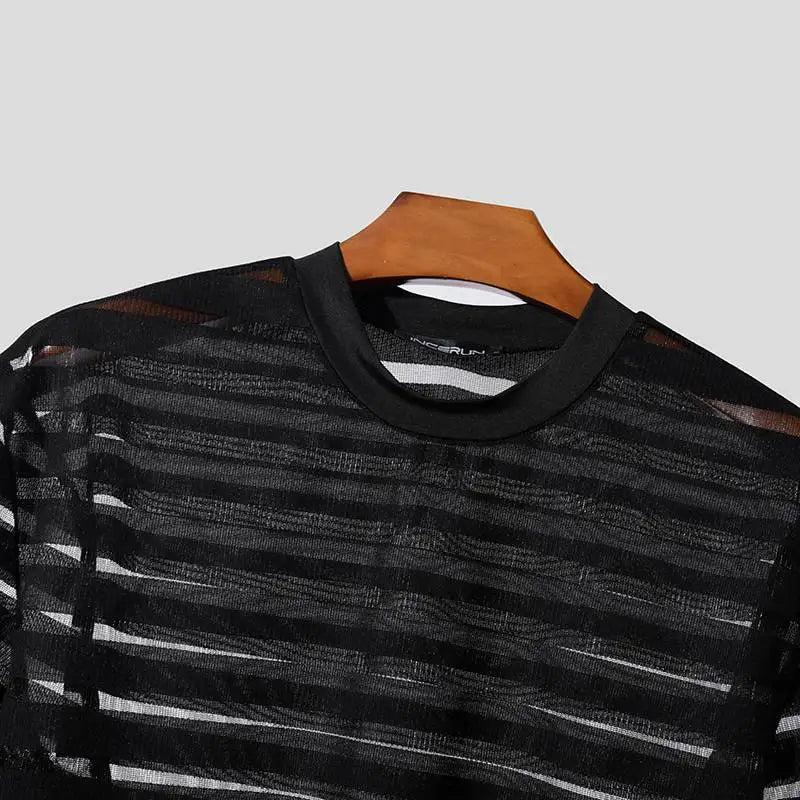 Men's Mesh Striped Round Neck Short Sleeve Transparent T-Shirt