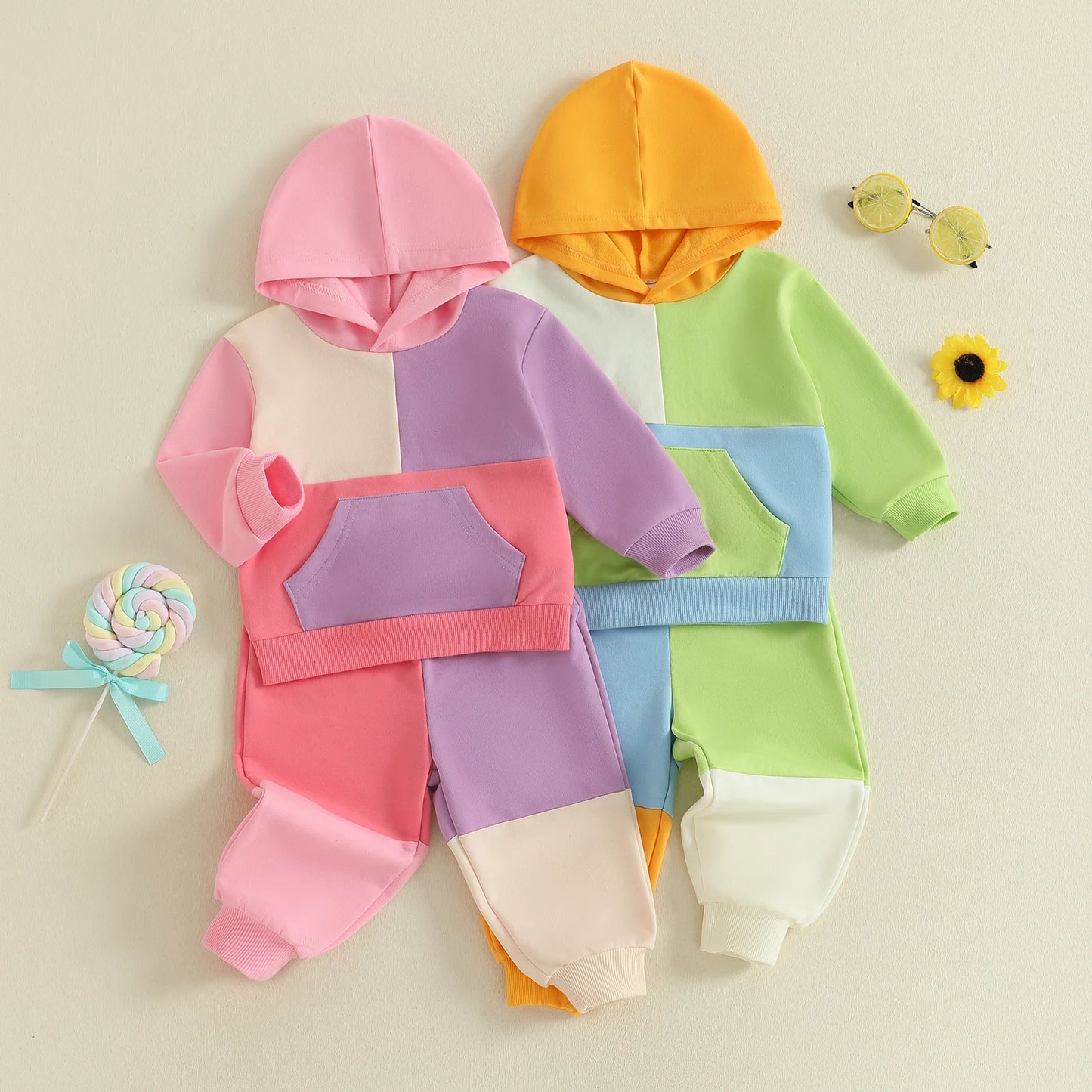 Kids Patchwork Hoodie and Pants Set - Casual Long Sleeve 2-Piece Outfit for Autumn Winter