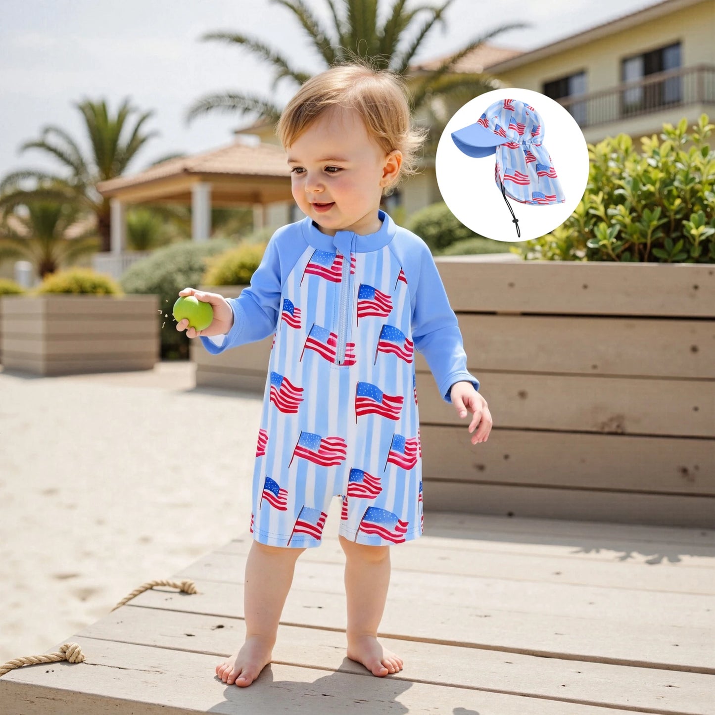 0-5Y Kids Boys Rash Guard Swimsuits Flag Print Long Sleeve Zip Up Bathing Suit with Neck Flap Sun Cap