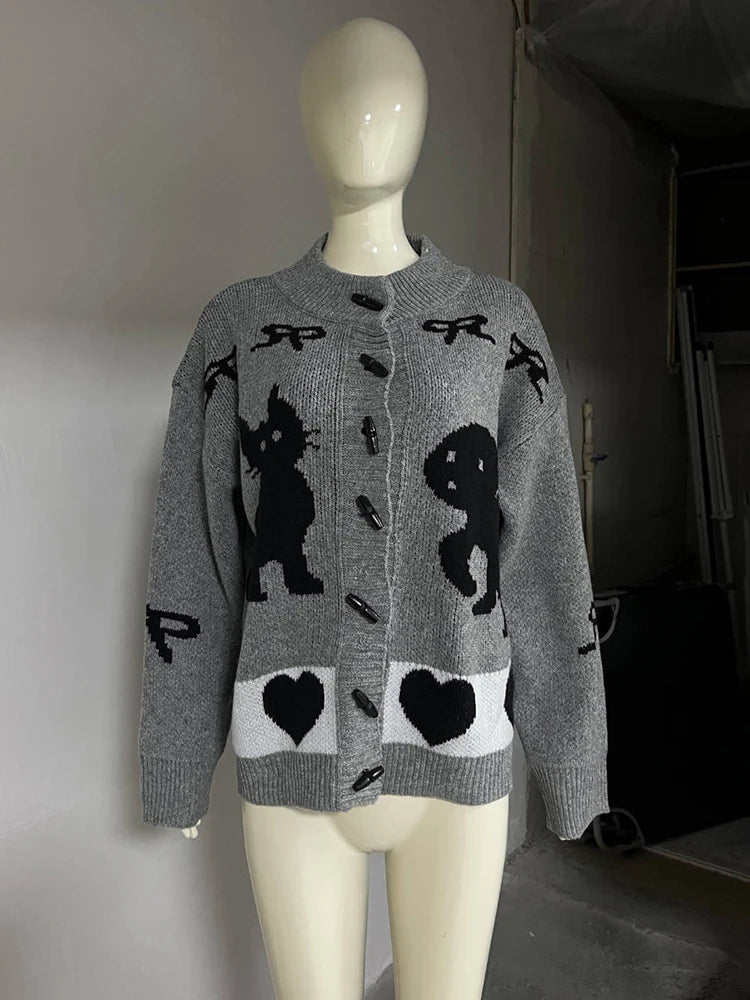 Women's Thicken Cardigan Sweater - Love Pattern Stand Collar Horn Button Knitted Cardigan