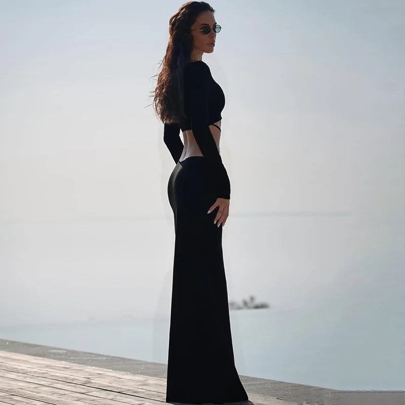 Women's Off Shoulder Cut Out Maxi Dress - Bandage Long Sleeve Gown