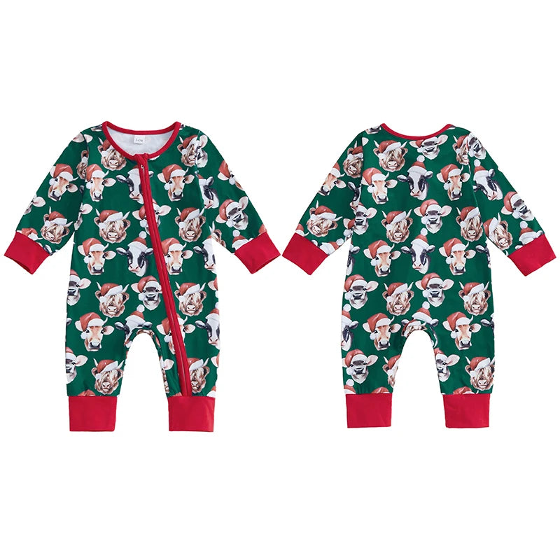 0-12M Baby Girls Boys Christmas Rompers Cow Print Long Sleeve Zipper Jumpsuits