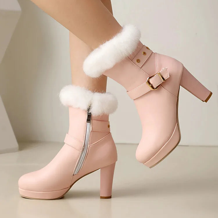 Studded Ankle Boots - 8cm High Heel with Plush Collar and Metal Belt