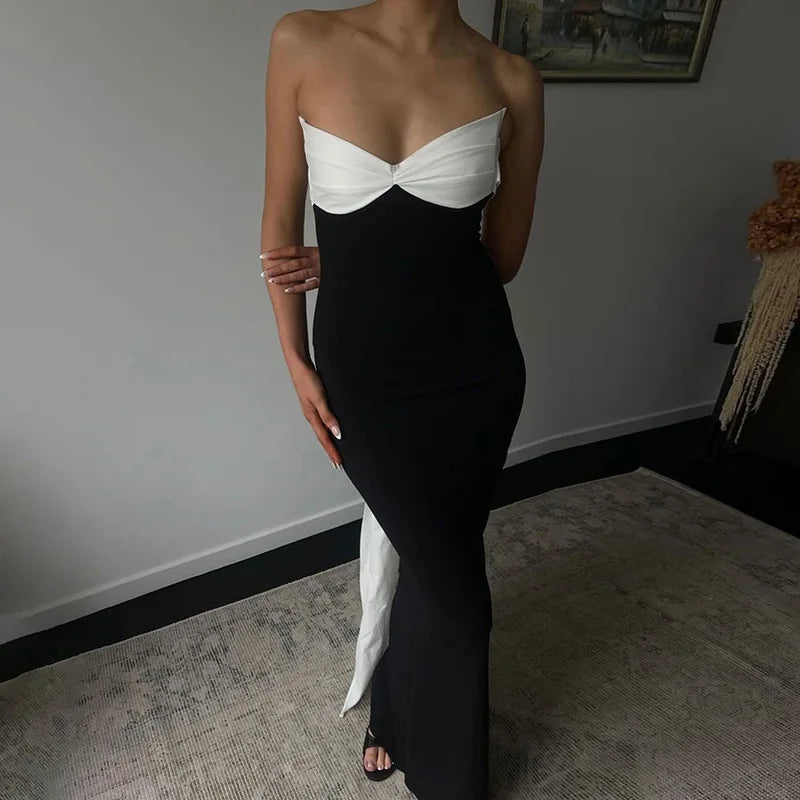 Women's Backless Bows Strapless Contrast Ribbon Long Dress Elegant Female Bodycon Gown Clothes