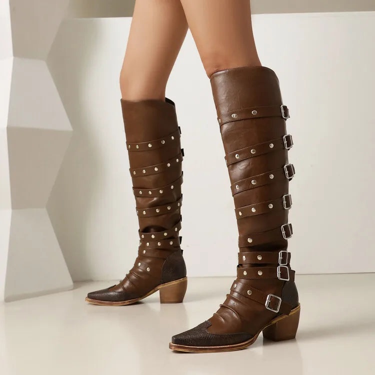 Women's 6cm Square Heel Knee High Boots Belt Buckle Rivet Pointed Leather Long Boots