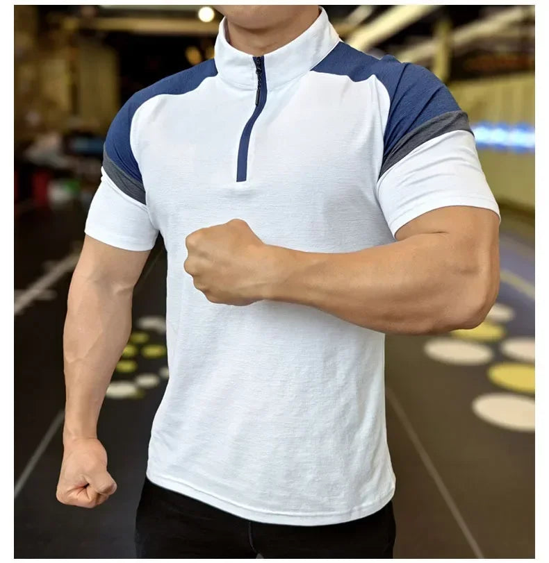 Men's Fitness Running Half Zip Training High Elasticity Muscle T-Shirt