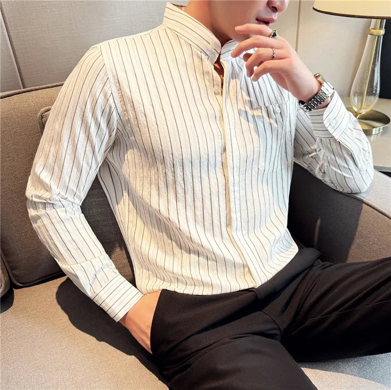 Men's Striped Stand Collar Long Sleeve Single Breasted Shirt