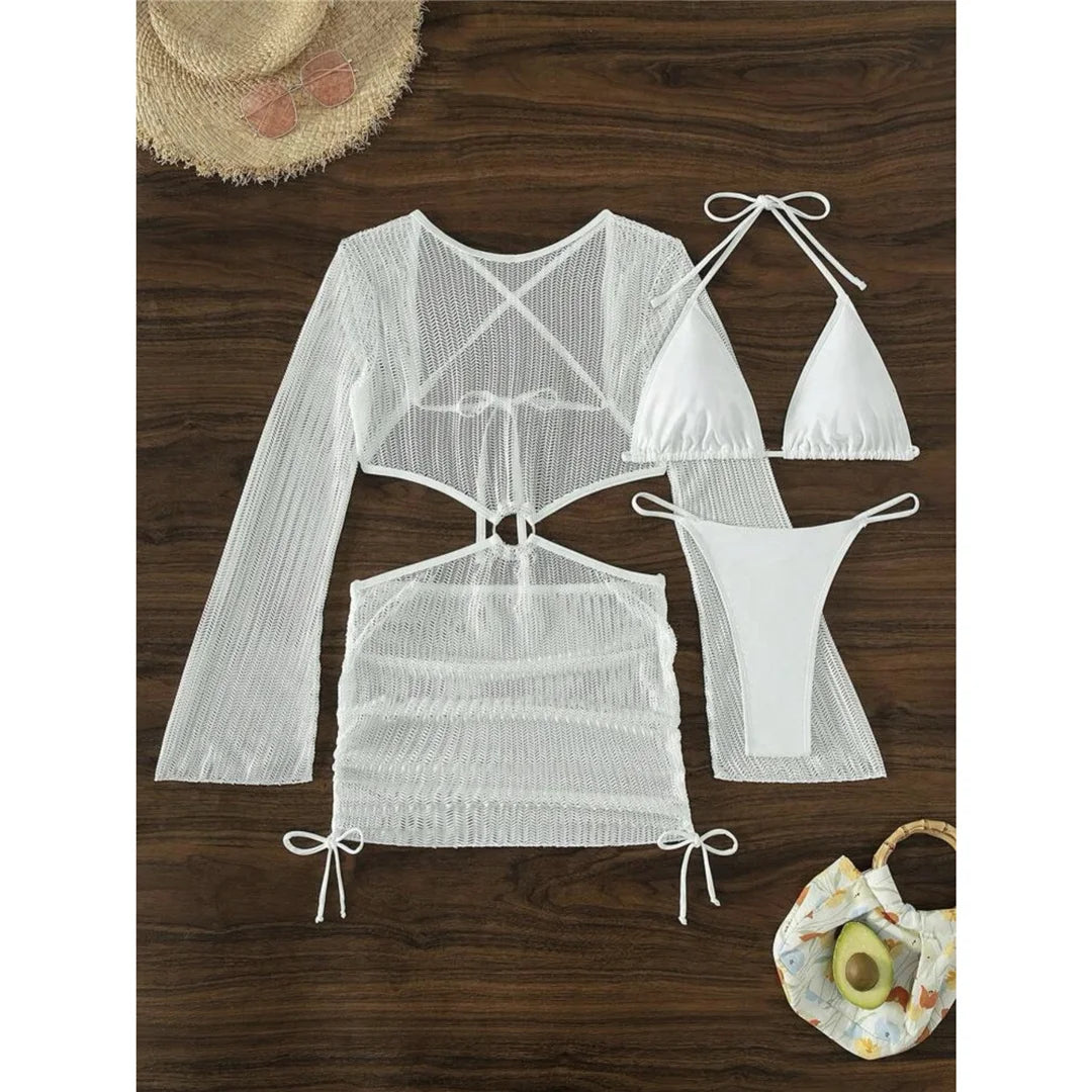 Women's Halter Bikini Set with Long Sleeve Cover-Up | Three-Piece Wire-Free Padded Swimwear