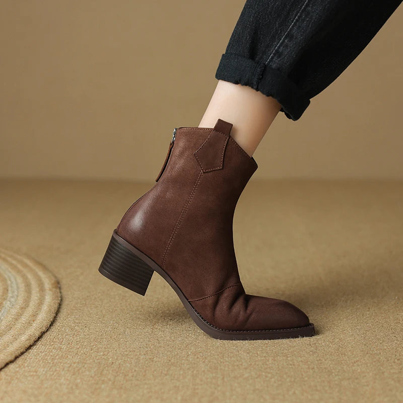 Women's Short Genuine Leather Thick Heels Pointed Toe Ankle Boots