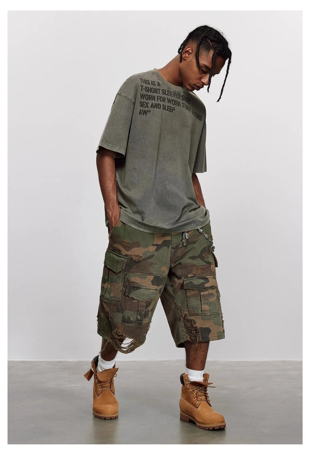 Men's Destroy Camouflage Grinding Washed Cropped Loose Wide-leg Shorts