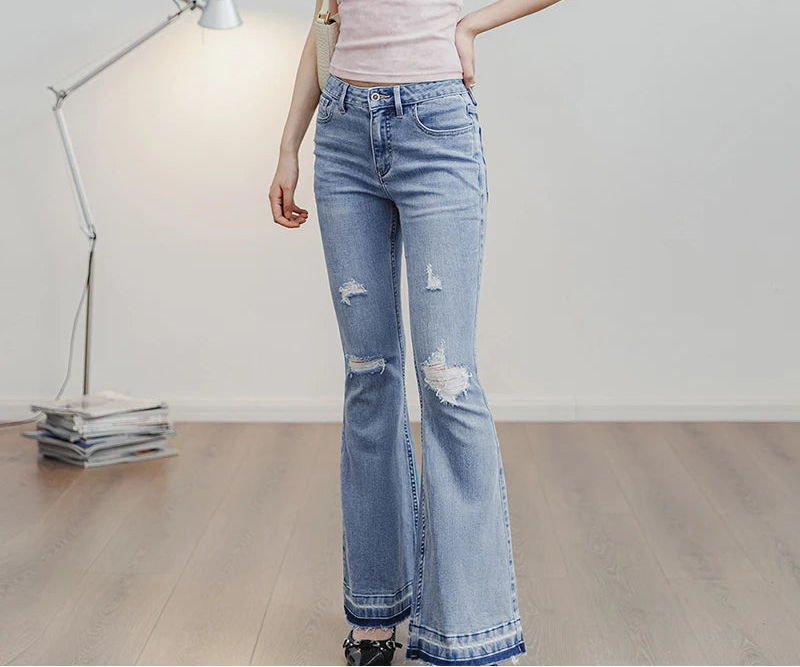 Women's Ripped Bell-Bottom Flare Jeans | 9oz Cotton Denim | Vintage High Street | Light Blue