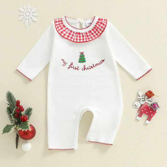 Baby Christmas Tree Embroidered Plaid Romper (0-6M)