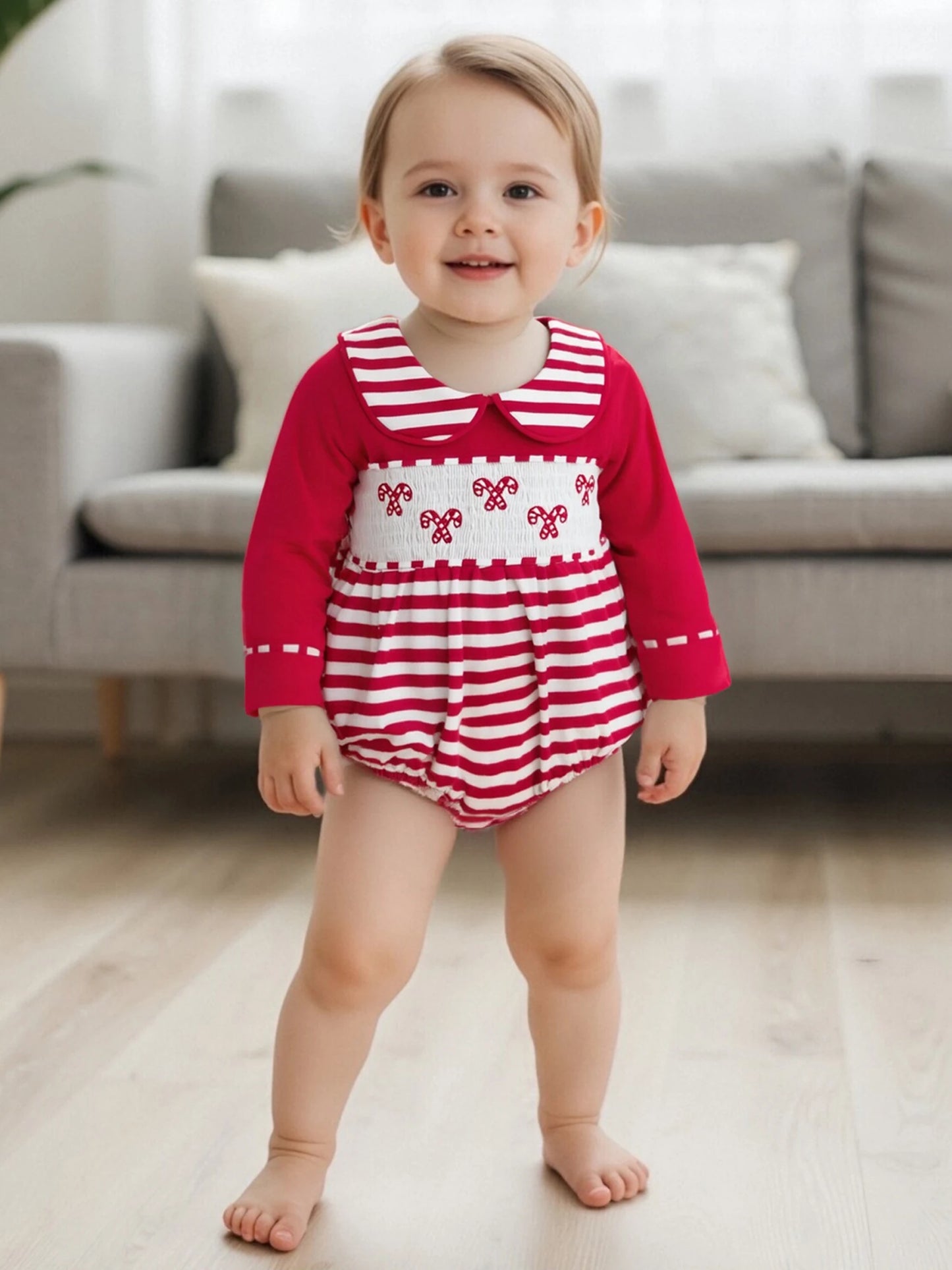 Baby Christmas Romper - Candy Cane Embroidery Long Sleeve Smocked Striped Jumpsuit